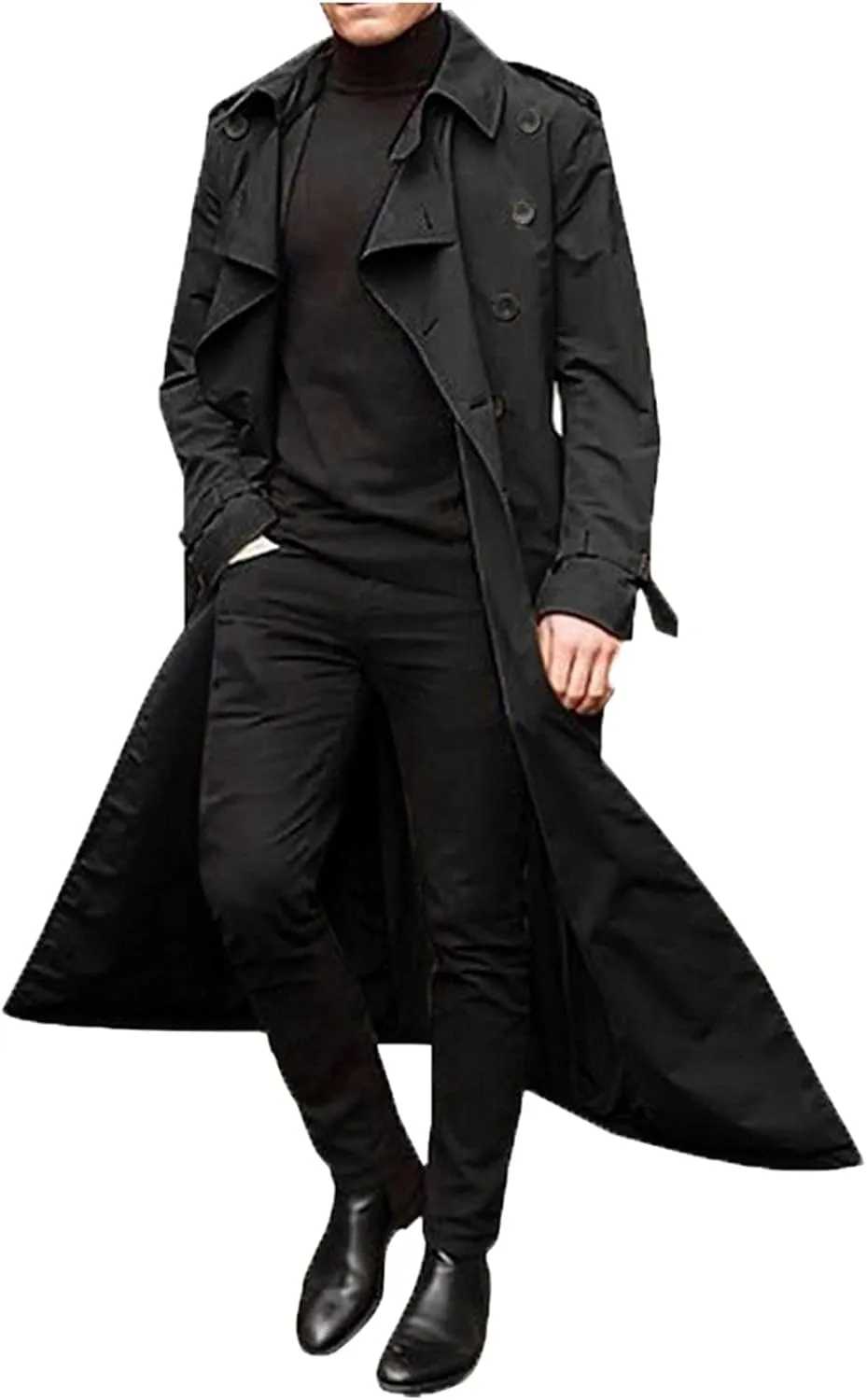 ZYXTIM Man's Double Breasted Trench Coat Notched Lapel Casual Windbreaker Vintage Long Jacket Overcoat with Shoulder Pad
