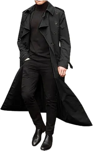 ZYXTIM Man's Double Breasted Trench Coat Notched Lapel Casual Windbreaker Vintage Long Jacket Overcoat with Shoulder Pad