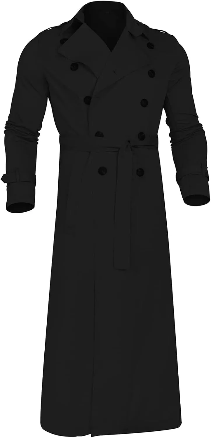 ZYXTIM Man's Double Breasted Trench Coat Notched Lapel Casual Windbreaker Vintage Long Jacket Overcoat with Shoulder Pad