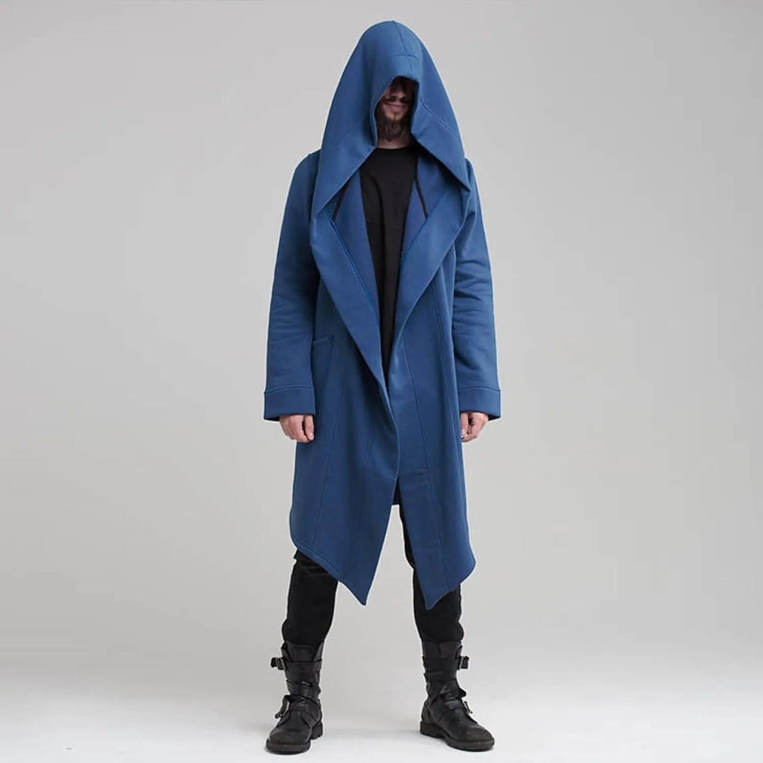 ZYXTIM Men's Casual Long Hooded Draped Cardigan Long Sleeve Shawl Ruffle Open Front Lightweight Cape Cloak Overcoat