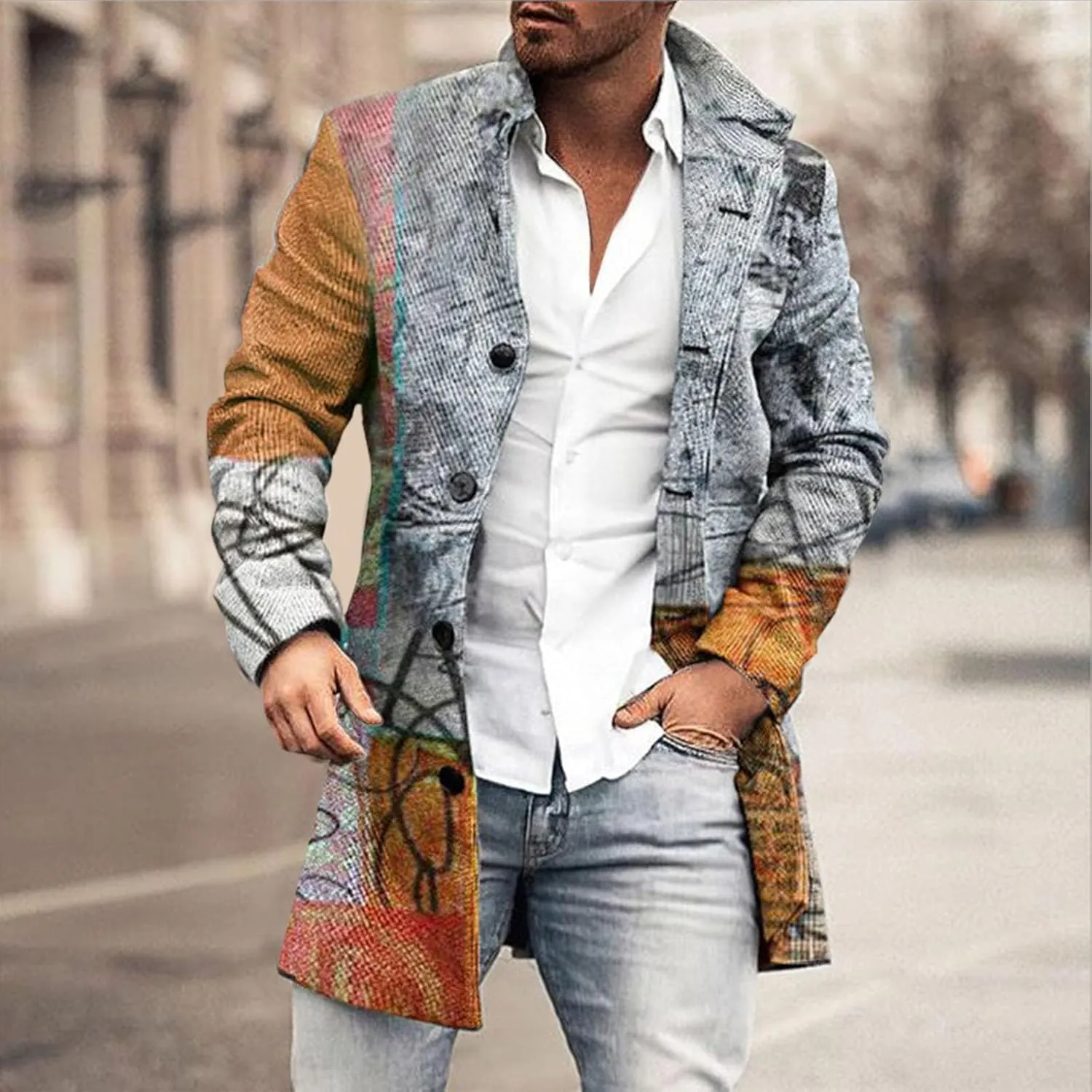 ZYXTIM Men's Floral Pattern Printed Trench Coat Double Breasted Notched Collar Long Jakcets Fashion Casual Business Overcoat