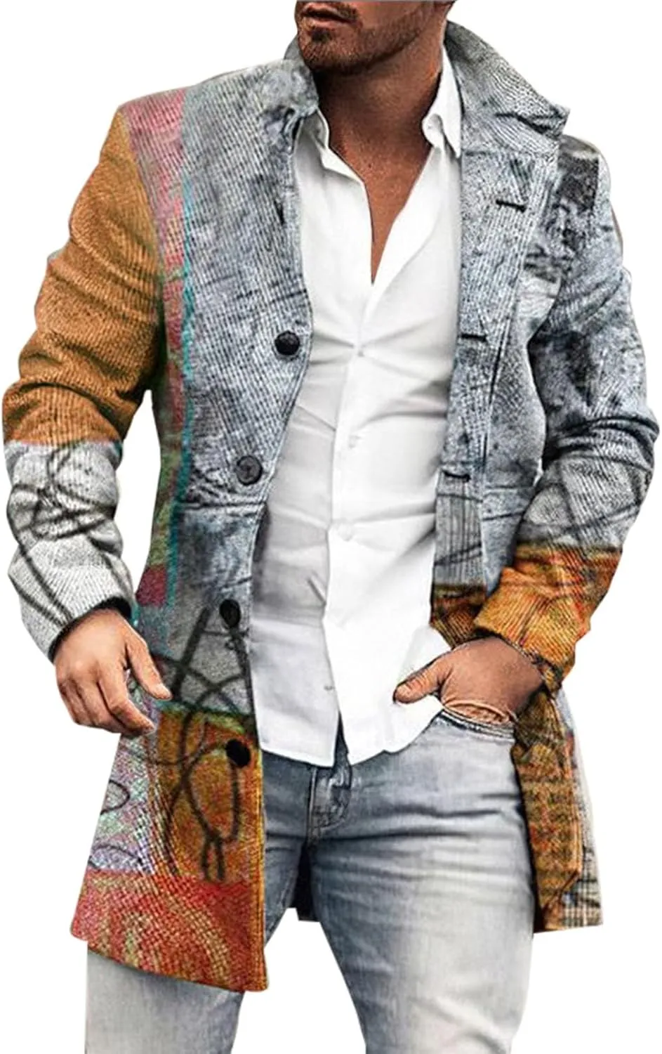 ZYXTIM Men's Floral Pattern Printed Trench Coat Double Breasted Notched Collar Long Jakcets Fashion Casual Business Overcoat
