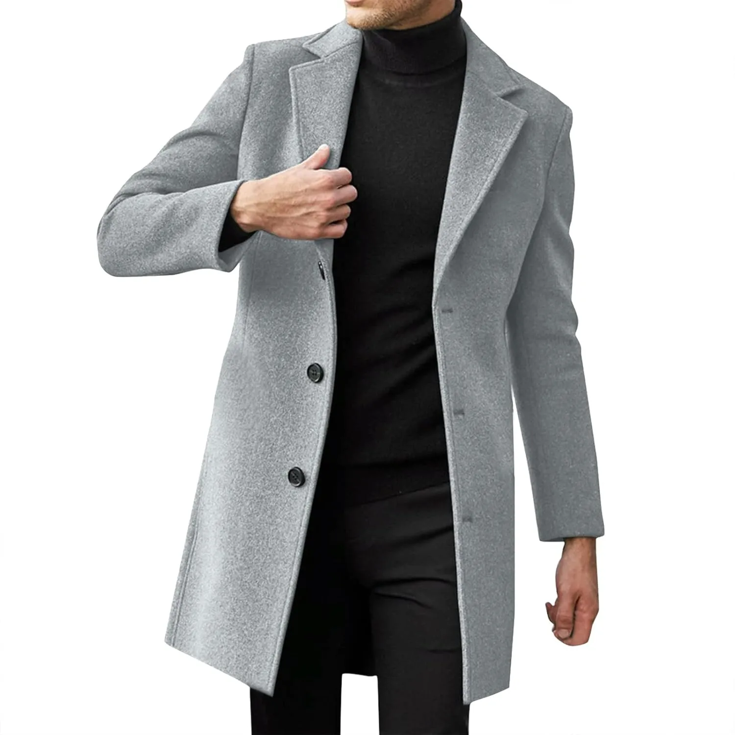 ZYXTIM Men's Wool Blend Pea Coat Notched Collar Single Breasted Trench Coat Oversize Long Classic Office Work Jacket Coat