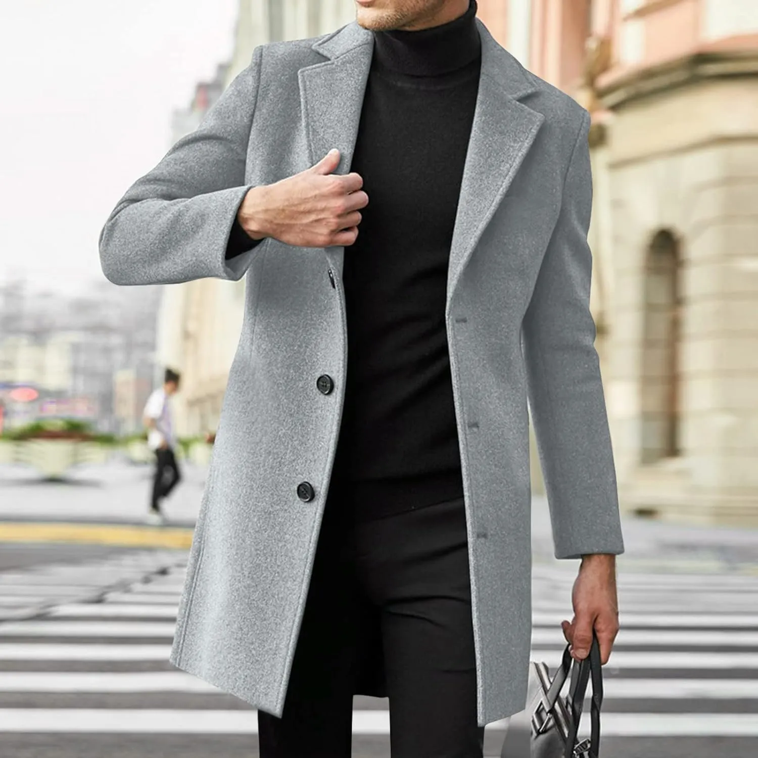 ZYXTIM Men's Wool Blend Pea Coat Notched Collar Single Breasted Trench Coat Oversize Long Classic Office Work Jacket Coat